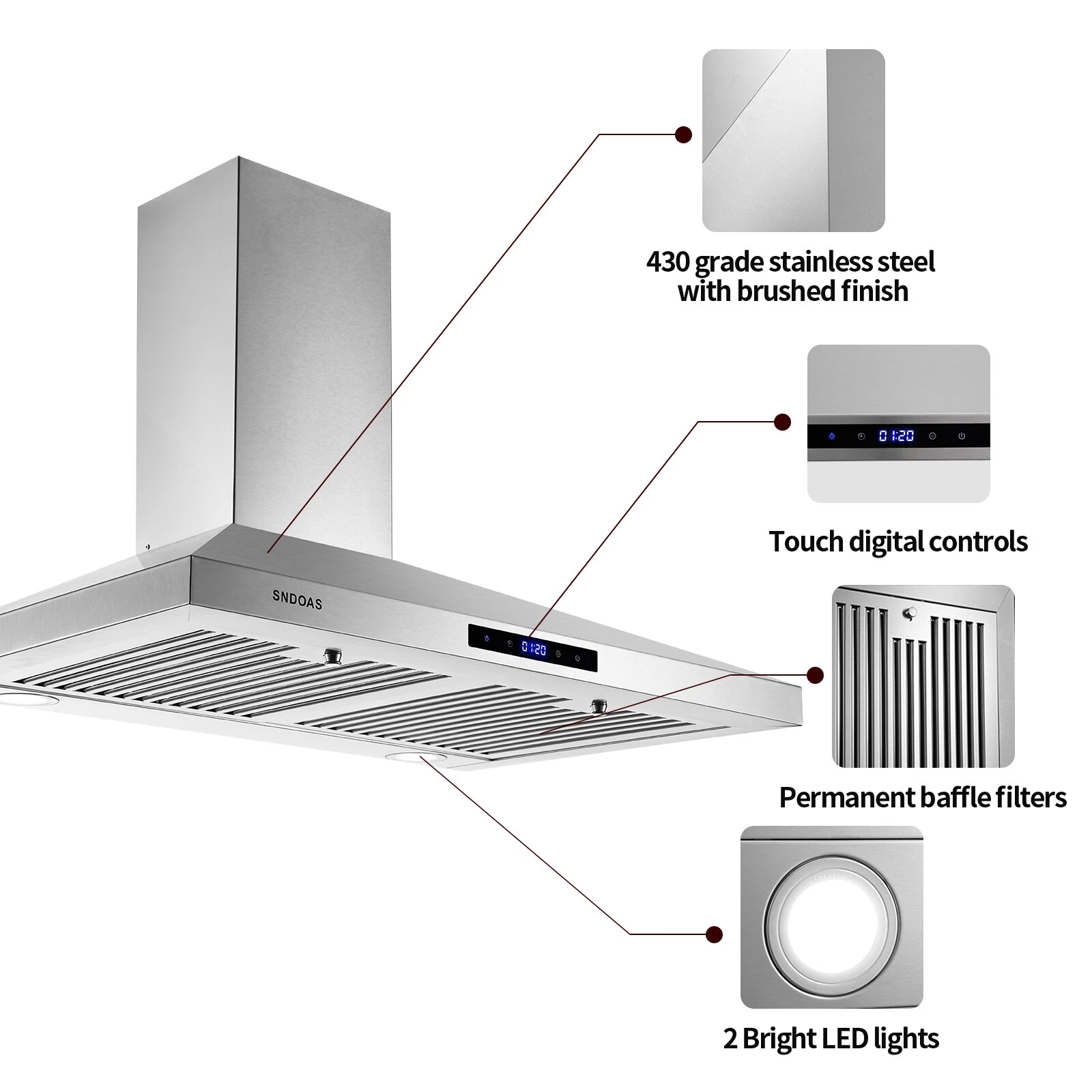 30 inch Wall Mount Range Hood 30 inches,Stainless Steel Wall Mount Range Hood,Vent Hood 30 inch w/Touch Control,Ducted/Ductless Convertible,Chimney-Style Over Stove Vent Hood,Kitchen Hood,Baffle Filt