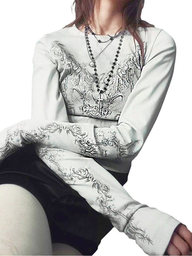 Aunavey Women Y2k Vintage Long Sleeve Crop Top Gothic Grunge