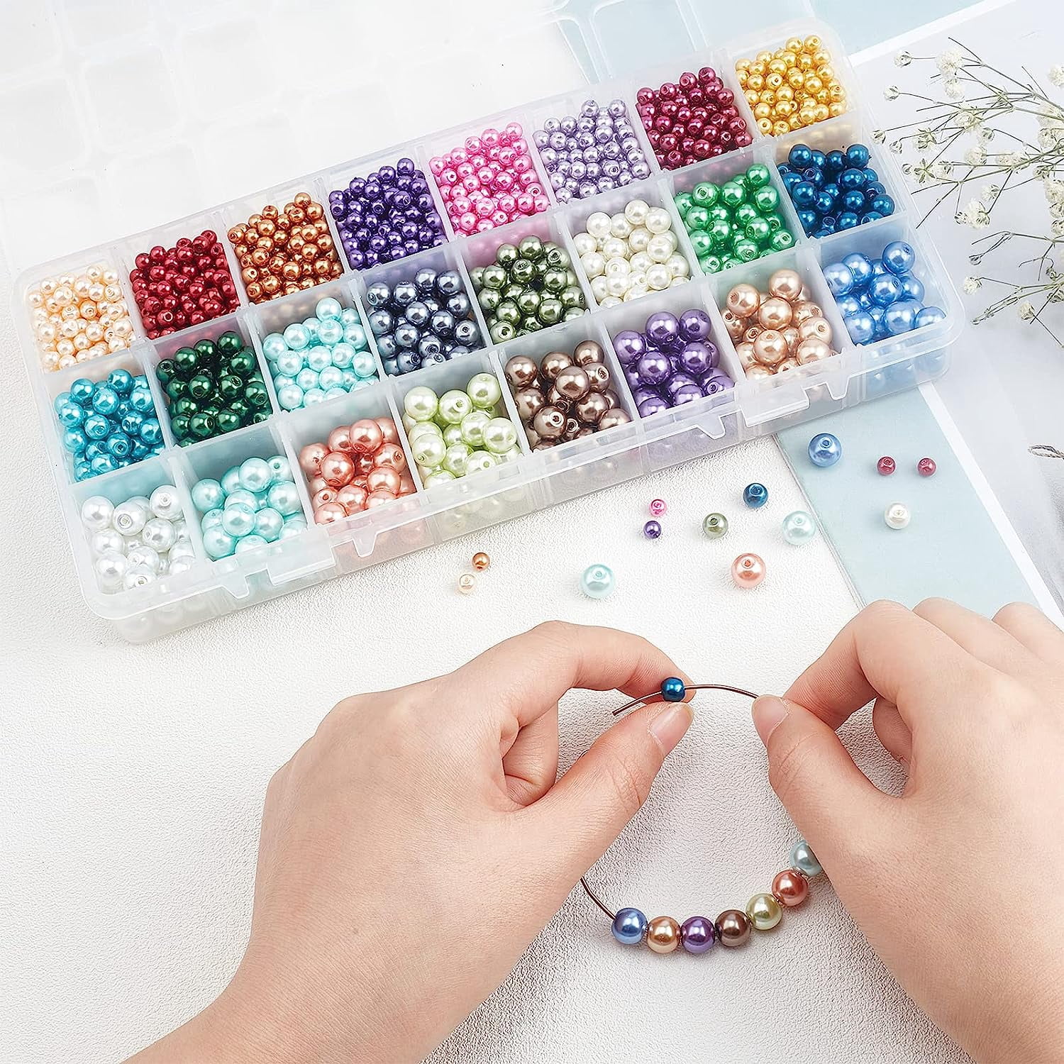 2640pcs Pearlized Glass Beads 24 Color 3 Sizes Craft Pearl Bead Dyed Round Satin Luster Pearl Beads Loose Spacer Beads for Bracelet Necklace Jewelry Making( 4mm 6mm 8mm )