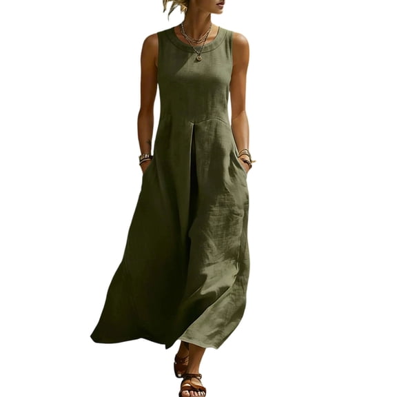 QIYAGBSA Sleeveless Maxi Dress for Women, Loose Fit Round Neck with Pockets for Summer Vacation