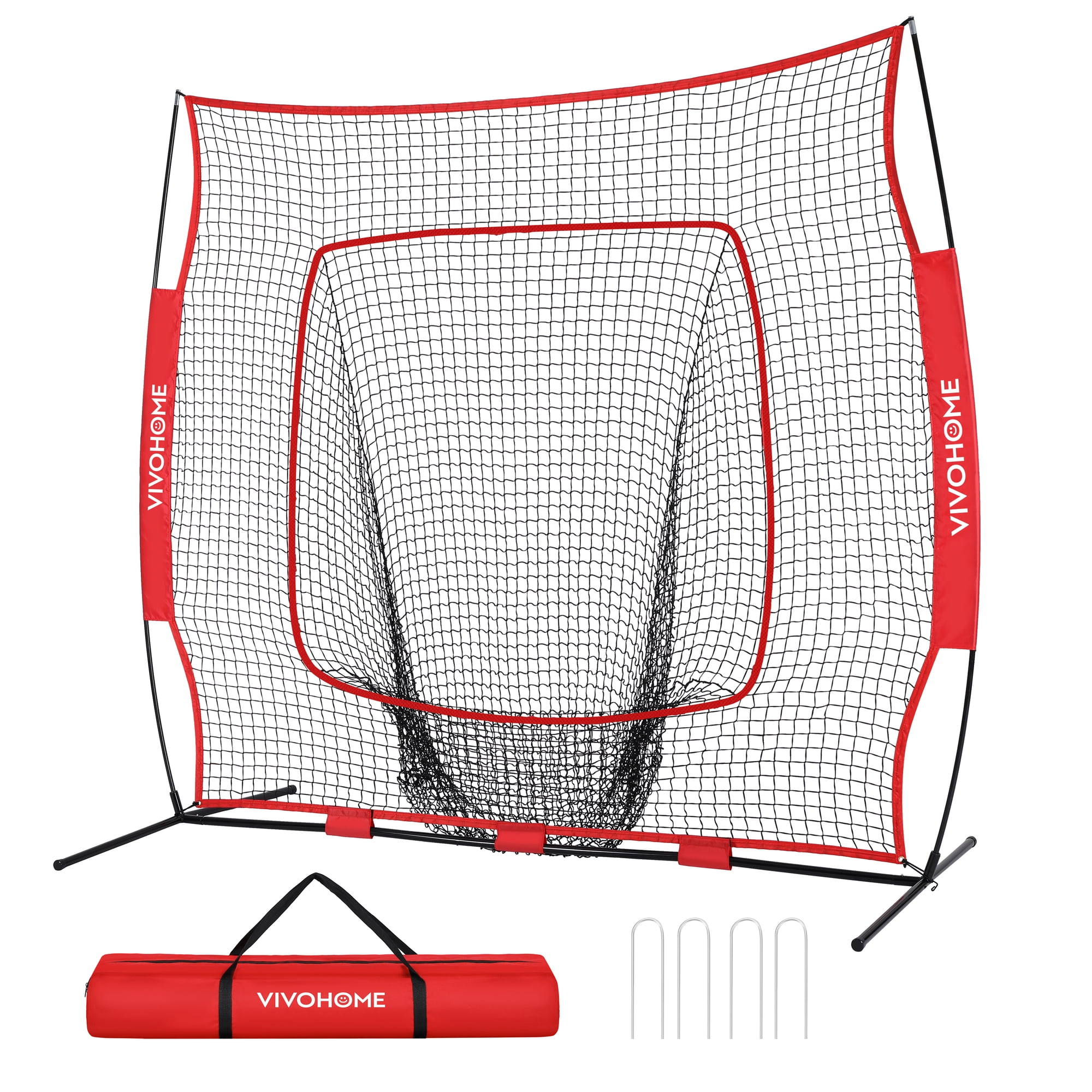 SPECSTAR 7 x 7 Ft Baseball Softball Practice Net with Carry Bag and Ground Nails for Hitting Pitching, Red
