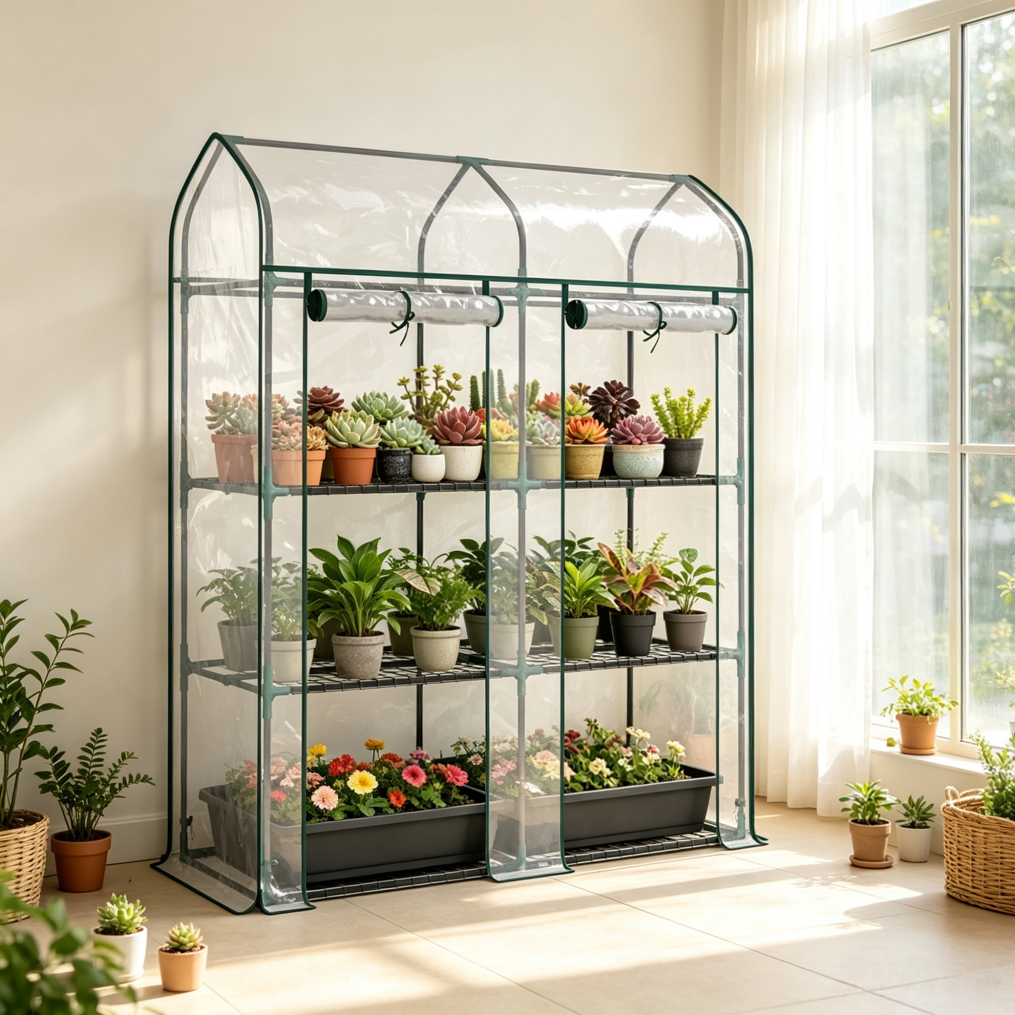 Clear Small 3-Tier Mini Greenhouse, Portable Plant Greenhouse with 2 Roll-up Doors, 56.3" x 18.1" x 65"