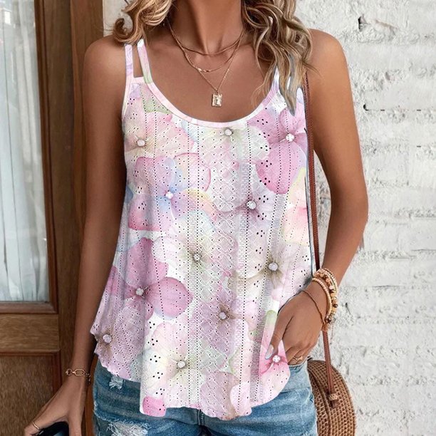 Puntoco Camisetas básicas sin mangas para mujer Camiseta sin mangas holgada informal de verano con cuello redondo y estampado a la moda para mujer