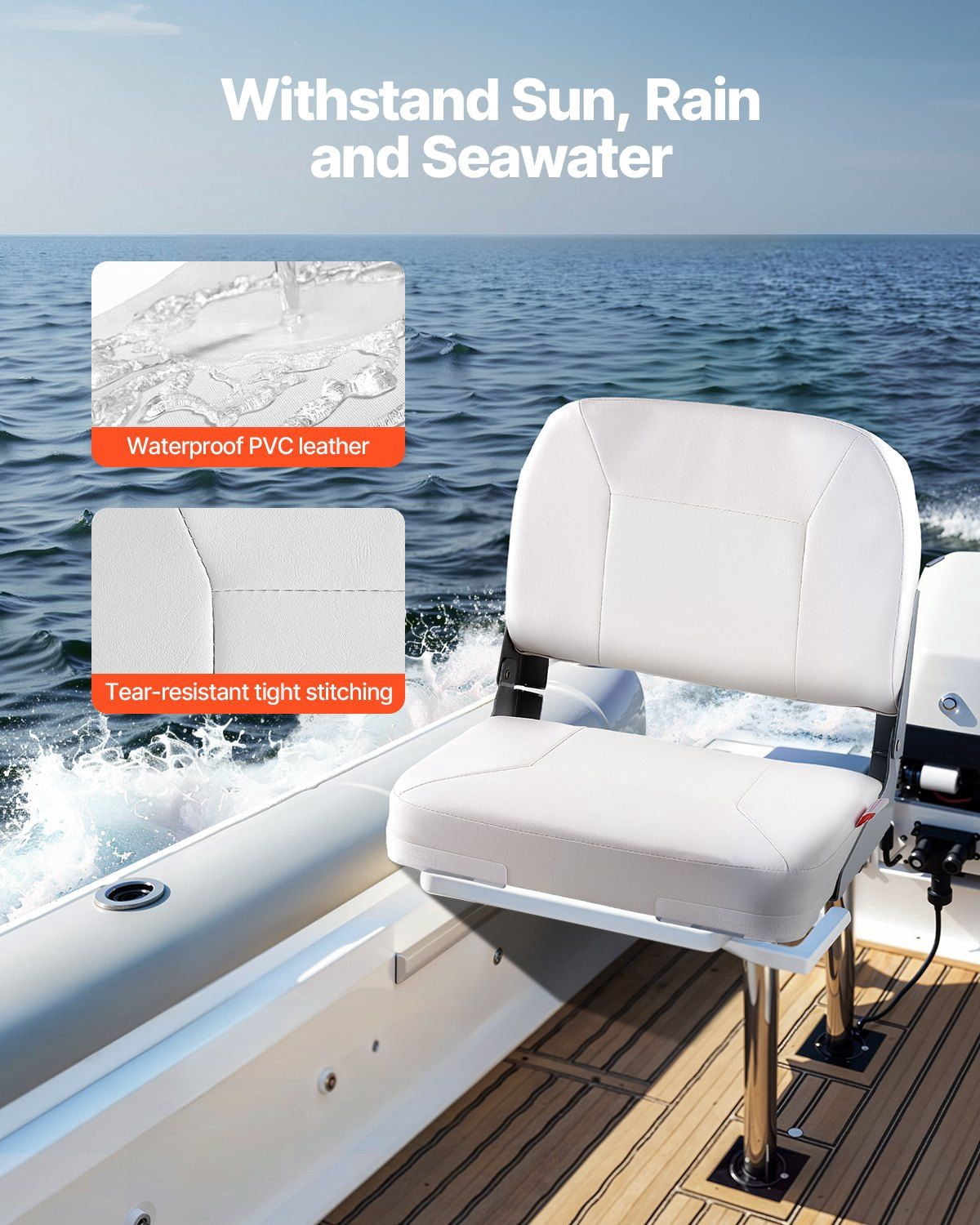 12 in x 50 ft Folding Fishing Boat Seat Low Backrest with Sponge Cushion White Waterproof PVC Leather Foam Comfort Durable Marine Outdoor Seat for Boats, Canoes, and Aluminum Decks