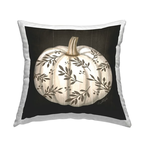 Stupell Industries Rustic White Pumpkin Leaf Sprig Pattern Design by Elizabeth Tyndall Throw Pillow