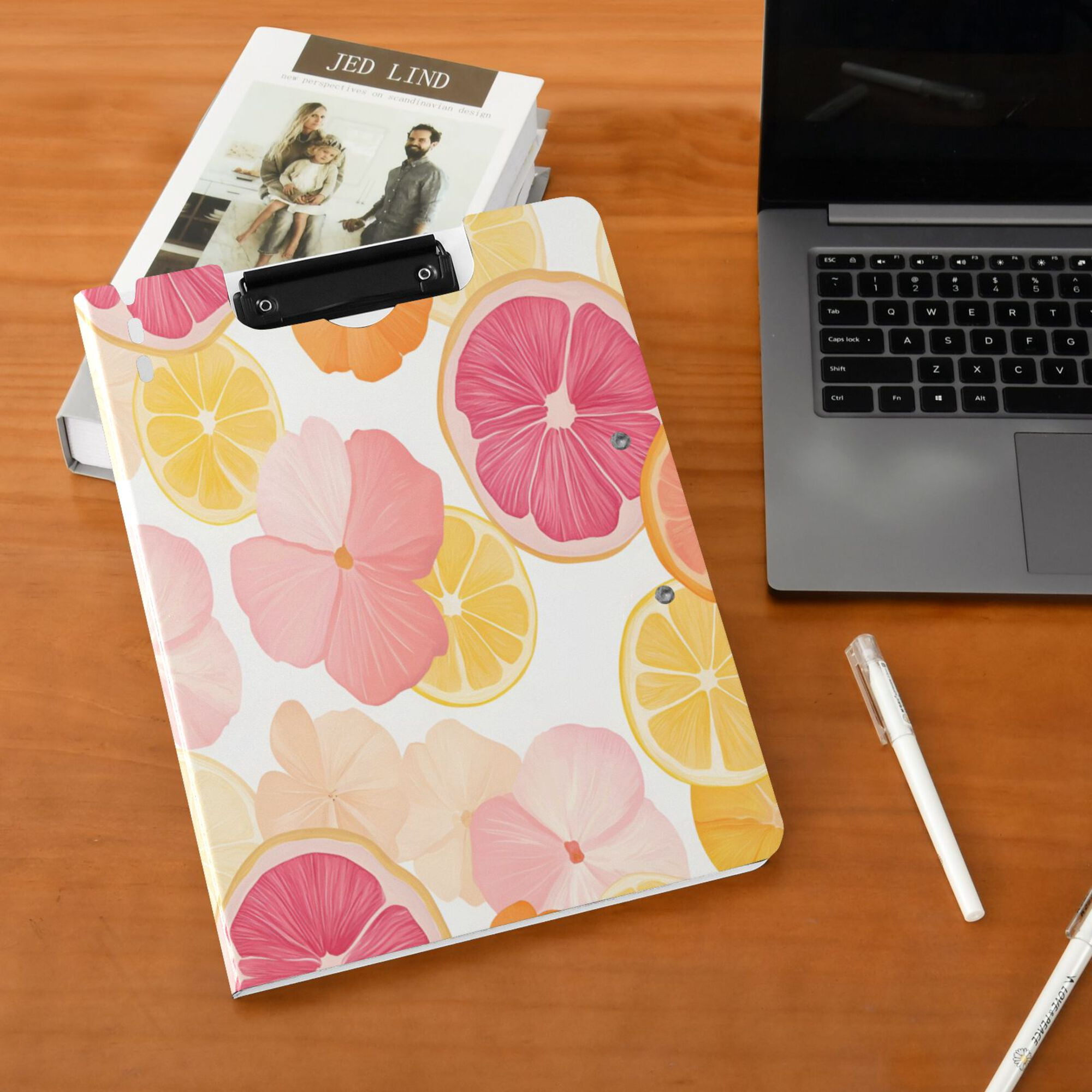 FORMRS A4 Clipboard Folder with Pen Holder Horizontal Foldable School Office Binder, Pink Floral Orange