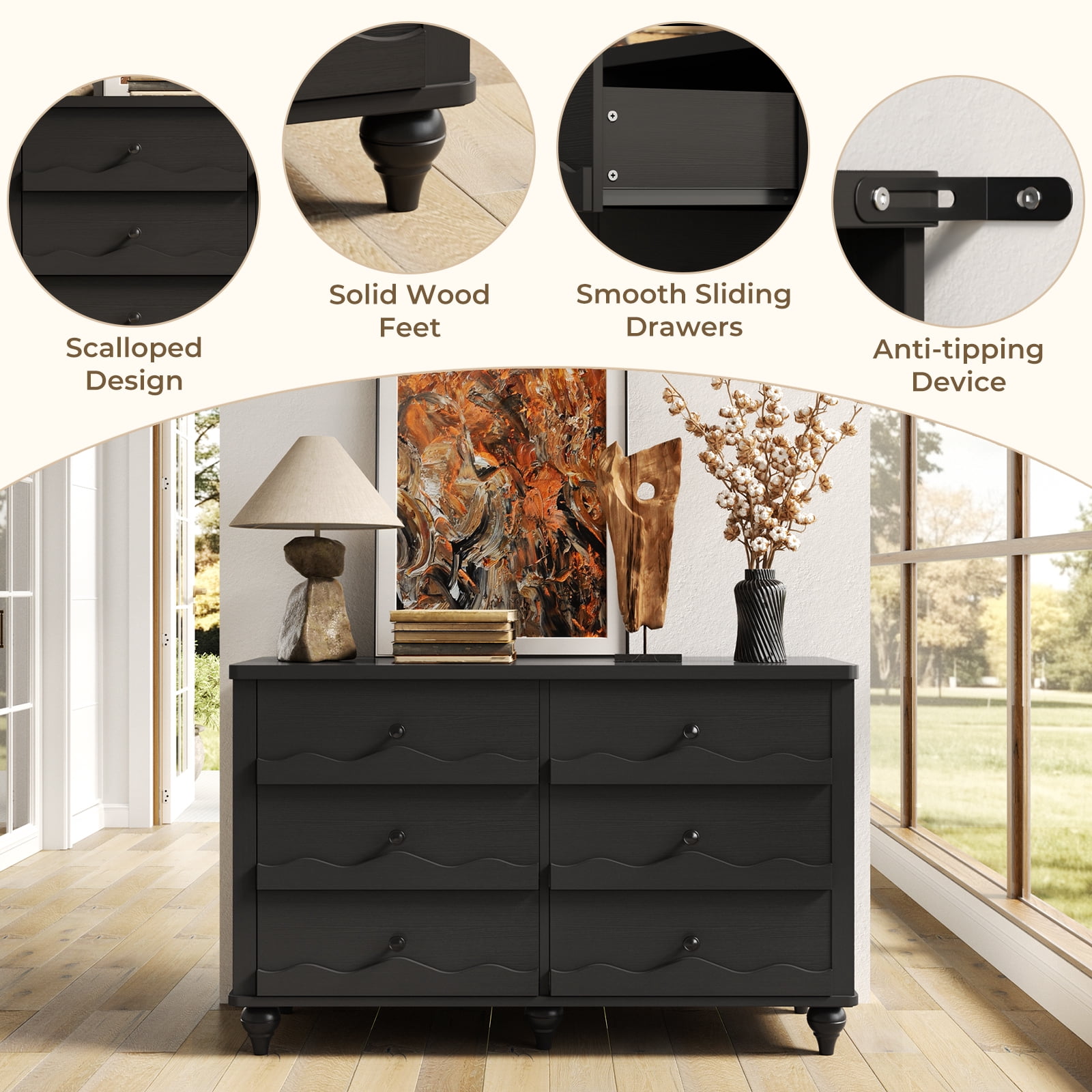 Homieasy 6-Drawer Dresser for Bedroom - 43" Modern Chest of Drawers with Scalloped Front, Storage Organizer for Living Room, Hallway & Entryway,Black