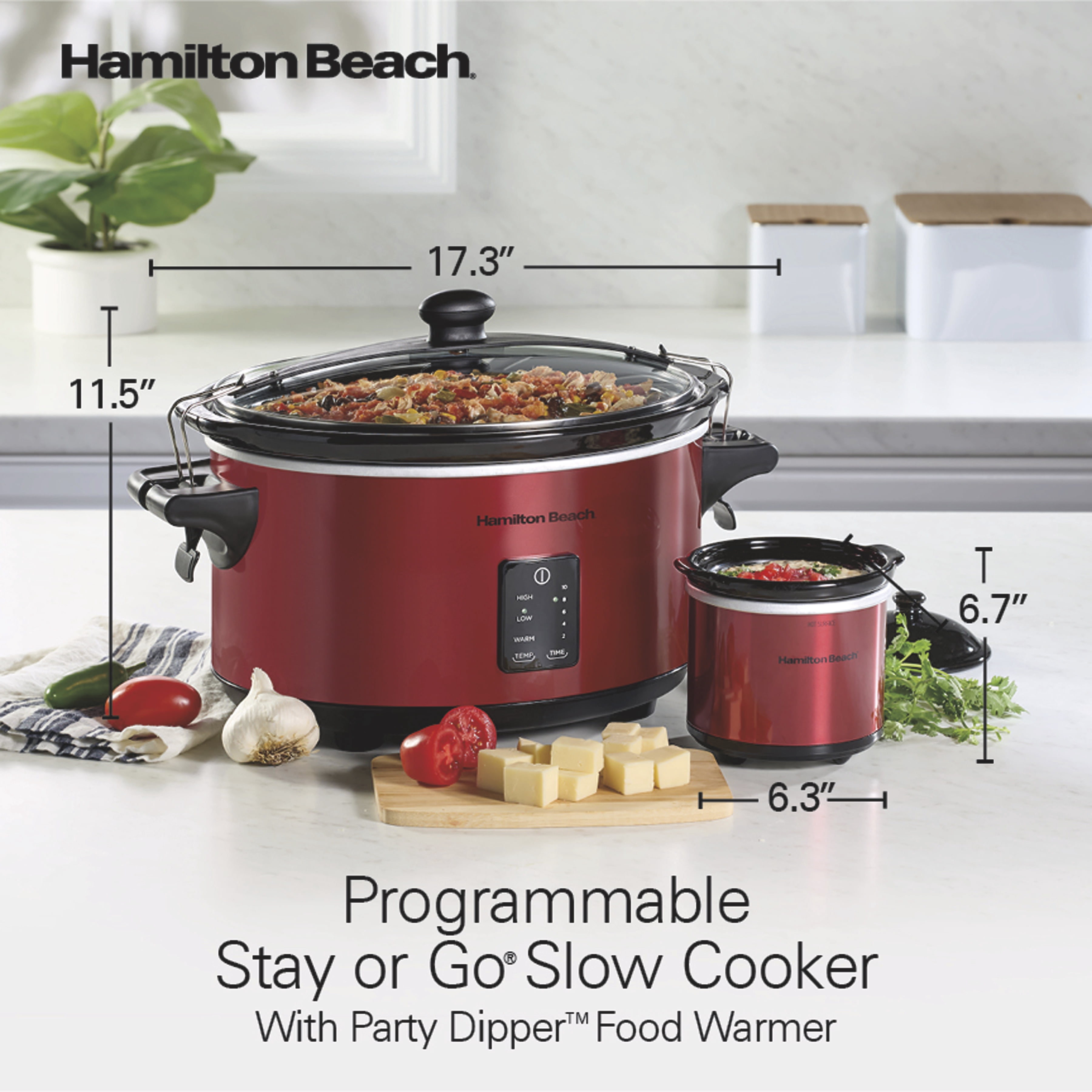 Hamilton Beach Programmable Stay or Go® Slow Cooker, 7 Quart Capacity, Includes 20 oz. Party Dipper Food Warmer, Red, 33778