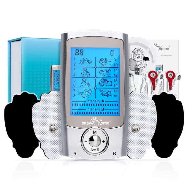 Estimulador muscular TENS + EMS recargable Easy@Home, 2 canales independientes, 20 niveles de intensidad, 8 tipos de masaje y 16 modos, masajeador electrónico de pulso portátil con certificación FSA d