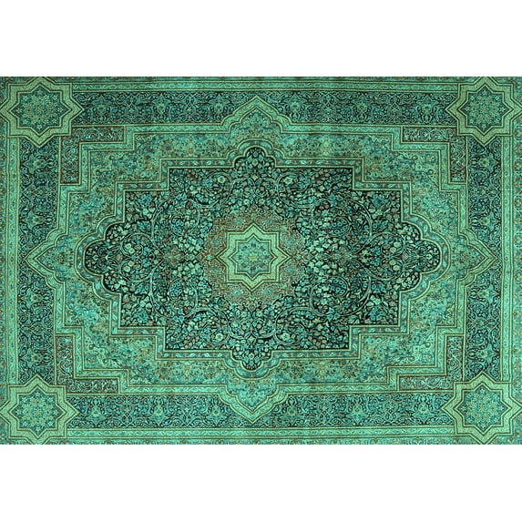 Ahgly Company Machine Washable Indoor Rectangle Medallion Turquoise Blue Traditional Area Rugs, 3' x 5'