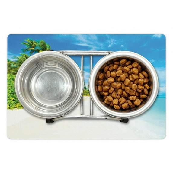 Ocean Pet Mat for Food and Water, Image of Tropical Beach Sea Sky Landscape with Coconut Palm Trees Modern Design, Non-Slip Rubber Mat for Dogs and Cats, 18" X 12", by Ambesonne