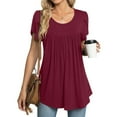 thumbnail image 2 of Summer Saving Wycnly Womens Shirts Comfy Lightweight Petal Sleeve Pleated Swing Tunic Tops Summer Short Sleeve Round Neck Ladies Solid Tops and Blouses Wine s, 2 of 6