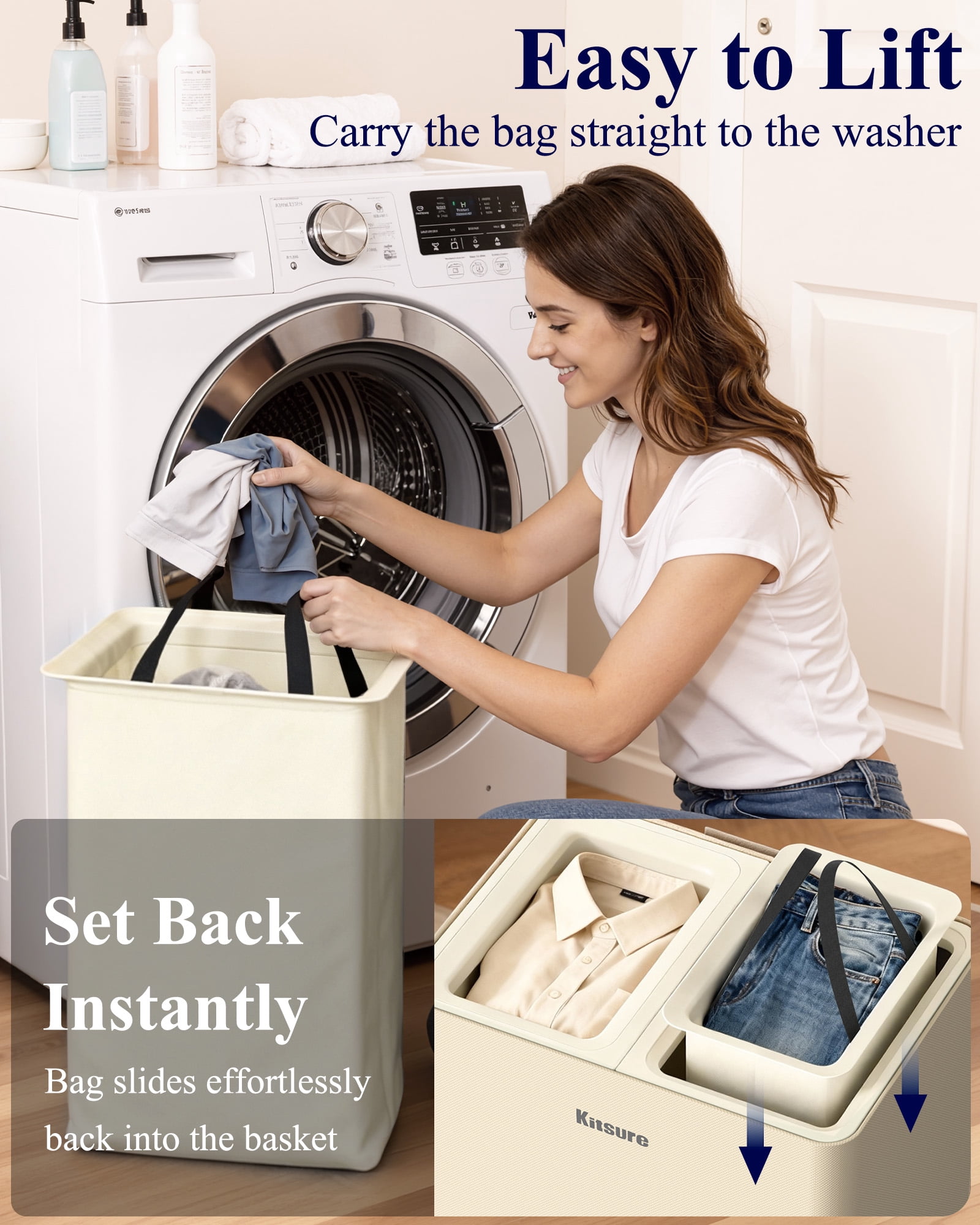 Kitsure 100L Laundry Basket with Lid, 2-Compartment Laundry Hamper with Removable Laundry Bags, White Clothes Hamper for Bathroom, Bedroom & Laundry Room