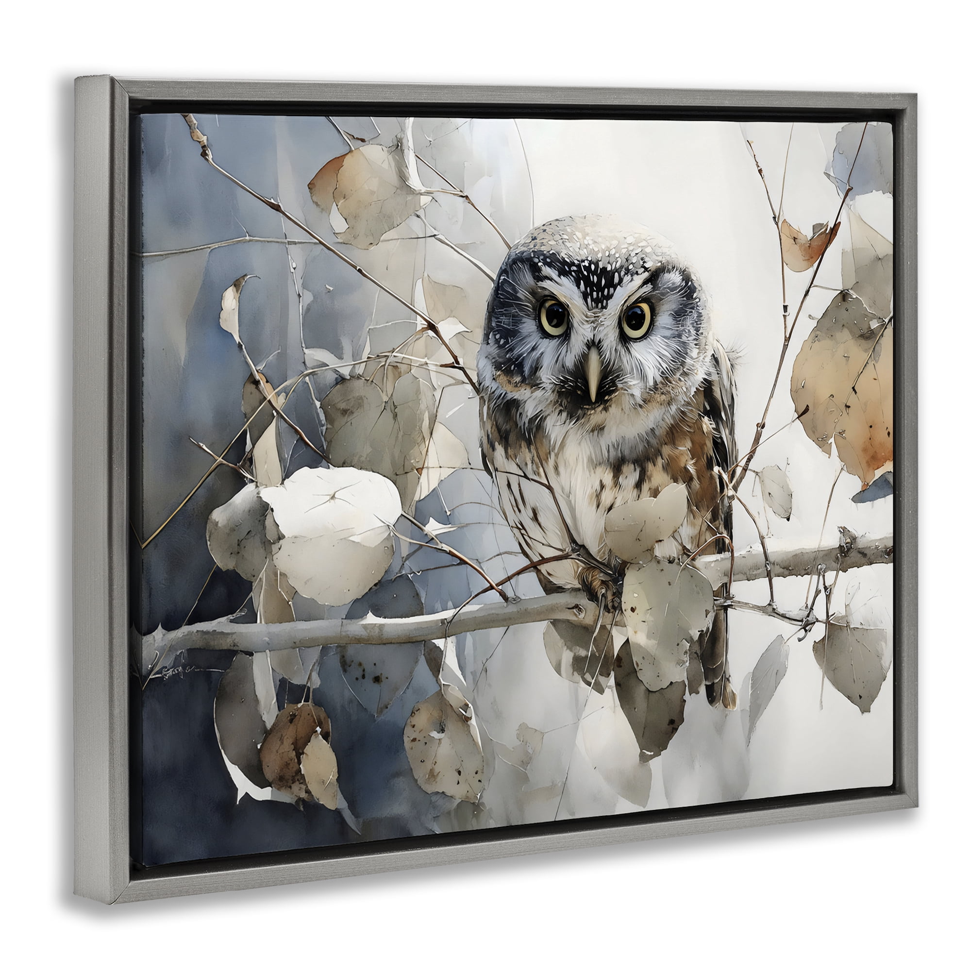 Stupell Industries Hoot Owl on Autumn Branch Gray Framed Floater Canvas Wall Art, design by Franklyn Gregory