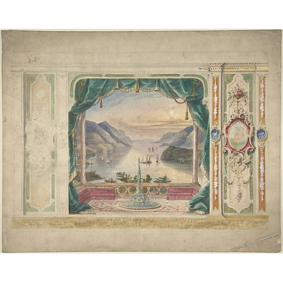 Wall Design with a Trompe lOeil Balcony Overlooking a Mountainous Harbor Poster Print by Anonymous, British, 19th century (18 x 24)