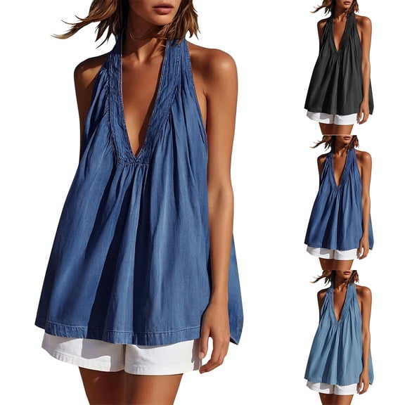 Favoffer Denim Casual Tank Tops Women's Sleeveless Deep V Neck Solid Shirts Loose Fit Everyday Shirts Summer Daily Outfit