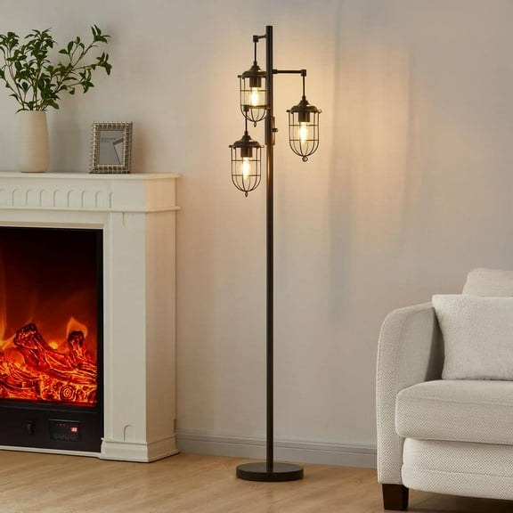 64.75 in. Industrial Bronze Lantern Floor Lamp with Shades and Bulbs 3 Light