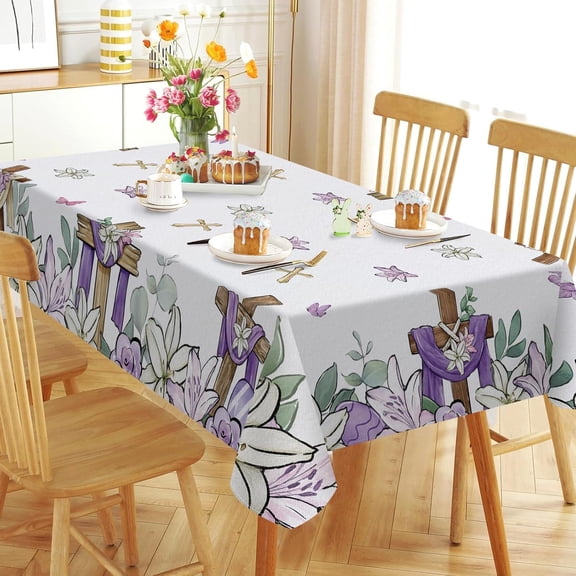 Christian Easter Cross Rectangle Tablecloth 60 x 84 Inch, Religious Lily Flowers Decorative Table Cloth Dining Table Cover, Spring Easter Eggs Butterfly Dinner Party Picnic Decoration