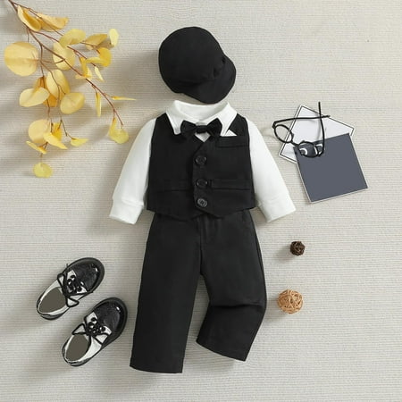 

Toddler Boys Outfit Sets Spring Autumn Print Long Sleeve Pants Romper Bodysuit Vest Hat 4PC Suit Clothes