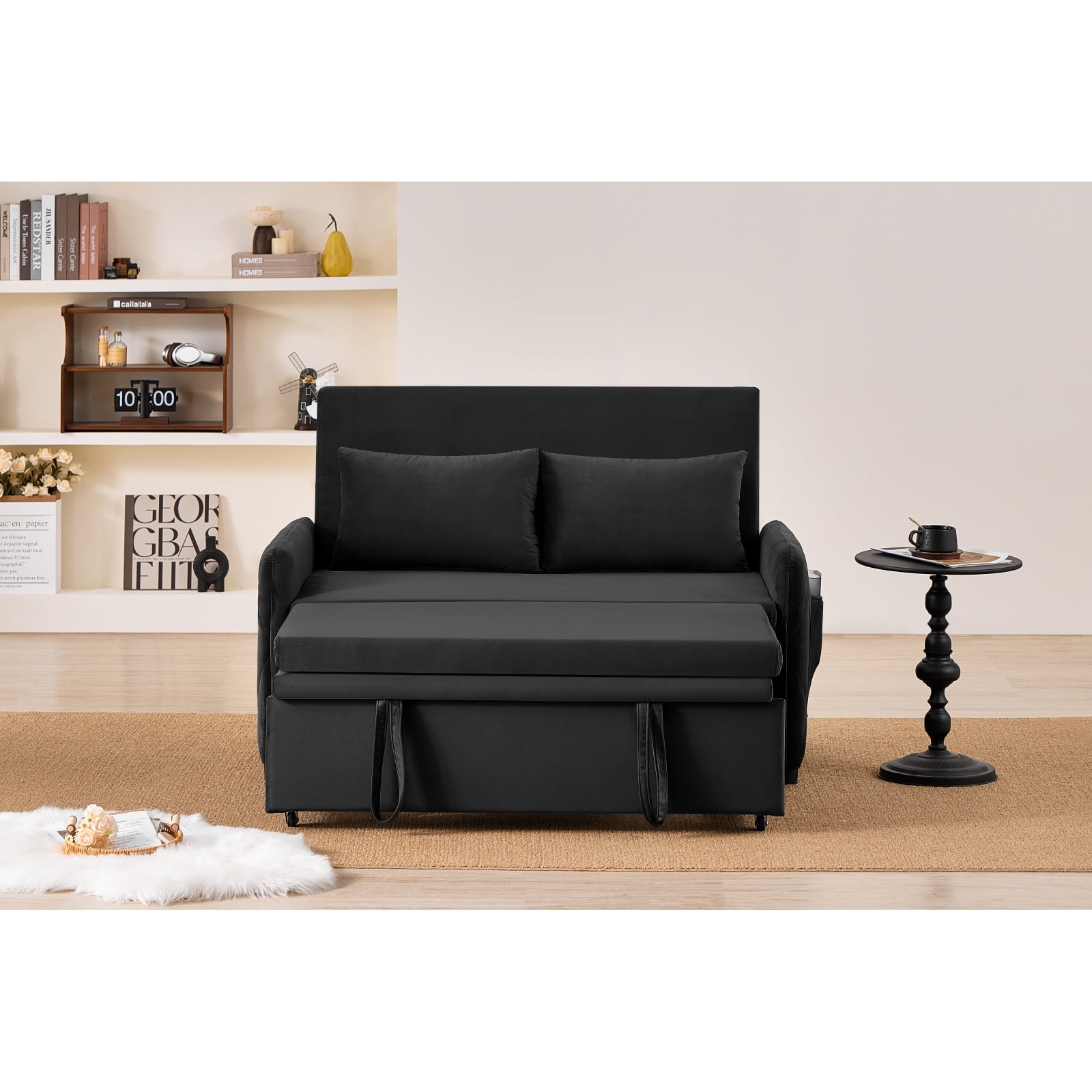 Leumius 3 in 1 Convertible Sleeper Sofa Bed, Modern Convertible Sofa Bed with 5-Position Adjustable Backrest,Velvet Pull Out Couch with Pull Out Bed for Living Room Furniture,Black