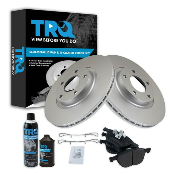 TRQ Brake Pad & Coated Rotor Semi Metallic Front Kit w/Fluids for Mazda BKA23995