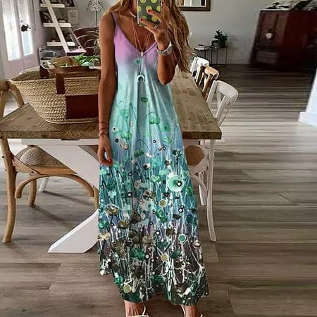 

Leesechin Deals Womens Skirts Maxi Dresses Off Shoulder Summer V-Neck Loose Printing Loose Sleeveless Loose Long Dress on Clearance
