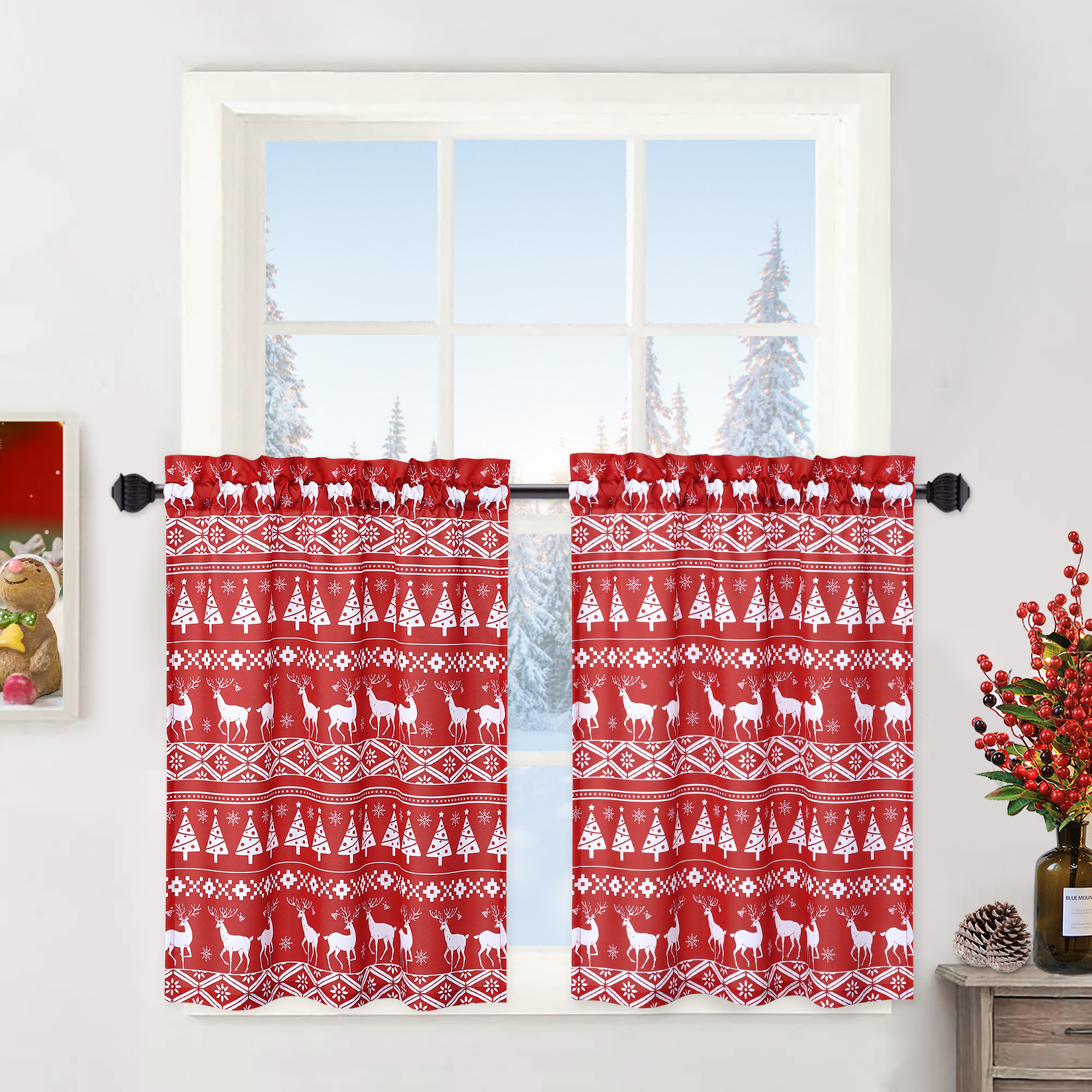 ZACOO 26"Wx36"L Kitchen Curtains Christmas Tree and Deer Pattern Boho