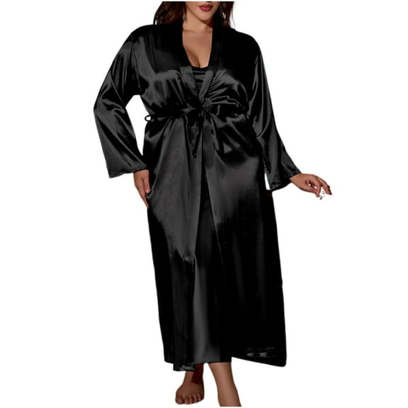 Women's Plus Size Satin Robes Set with Nightgown Silk Kimono Pajamas 2 Piece Sleepwear Camisole Wedding Bride Gown Set