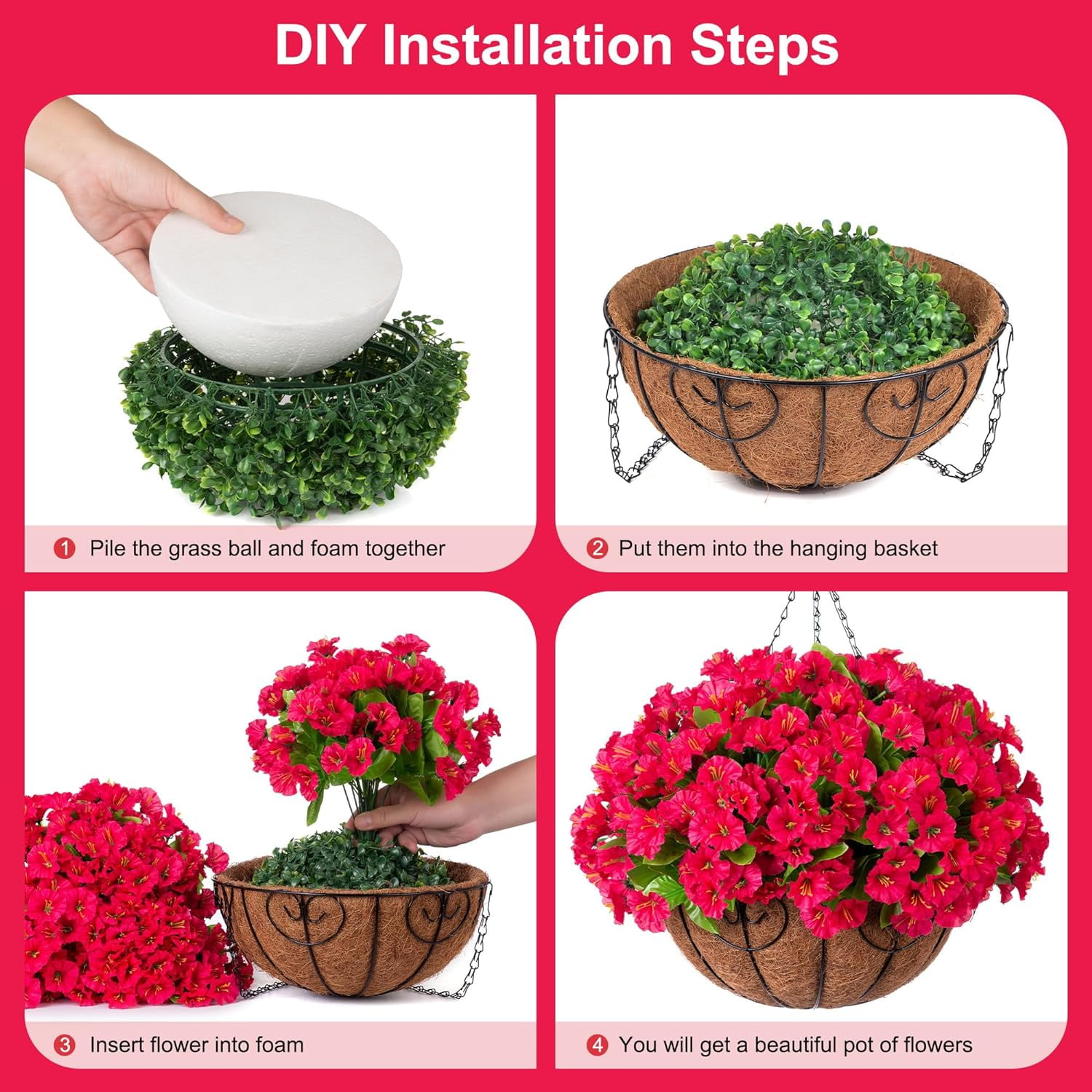Artificial Hanging Flowers Basket for Faux Plants Outdoor Spring Summer Decoration UV Resistant Fake Flowers for Patio Balcony Farmhouse Decor