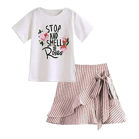 

Sngxgn Girl s 2 Piece Outfits Floral Print Lettuce Trim T Shirt Top and Skirt Clothing SetsGirls Spring Outfits Pink 9 Years