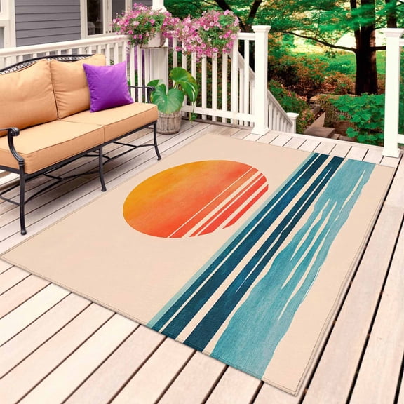 Blue Teal Orange Outdoor Rug for Patio/Deck/Porch, Non-Slip Large Area Rug 5 x 7 Ft, Modern Contemporary Abstract Indoor Outdoor Rugs Washable Area Rugs, Reversible Camping Rug Carpet Runner
