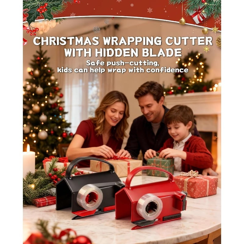 2 Pack Wrapping Paper Cutter & Tape Dispenser Dual Use, Gift Wrap Cutter Tool for Rolls Paper with 4 Tapes for Christmas Birthday Paper Trimmers
