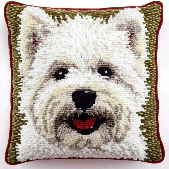 Latch Hook Cushion Kits for Adults Westie Dog Puppy White Green Rug Cover Pillowcase Kids Beginner DIY Needlework Embroidery Kits Handmade Set Craft Sofa Home Decor 43x43cm