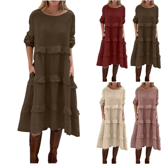 Bovxnpu Long Sleeve Dress for Women, Women Long Sleeve Dress Plus Size Dress with Round Neck and Ruffled Sleeve Dress Spring Fall Outfits