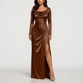 thumbnail image 5 of Smsaxvxz Women's Cowl Neck Satin Maxi Dress Long Sleeve High Slit Formal Evening Gown for Wedding Guest Bridesmaid Party Brown M, 5 of 7
