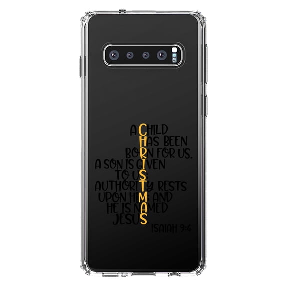 DistinctInk Clear Shockproof Hybrid Case for Samsung Galaxy S10 (6.1" Screen) - TPU Bumper Acrylic Back Tempered Glass Screen Protector - Christmas - Isaiah 9:6 - Black Yellow
