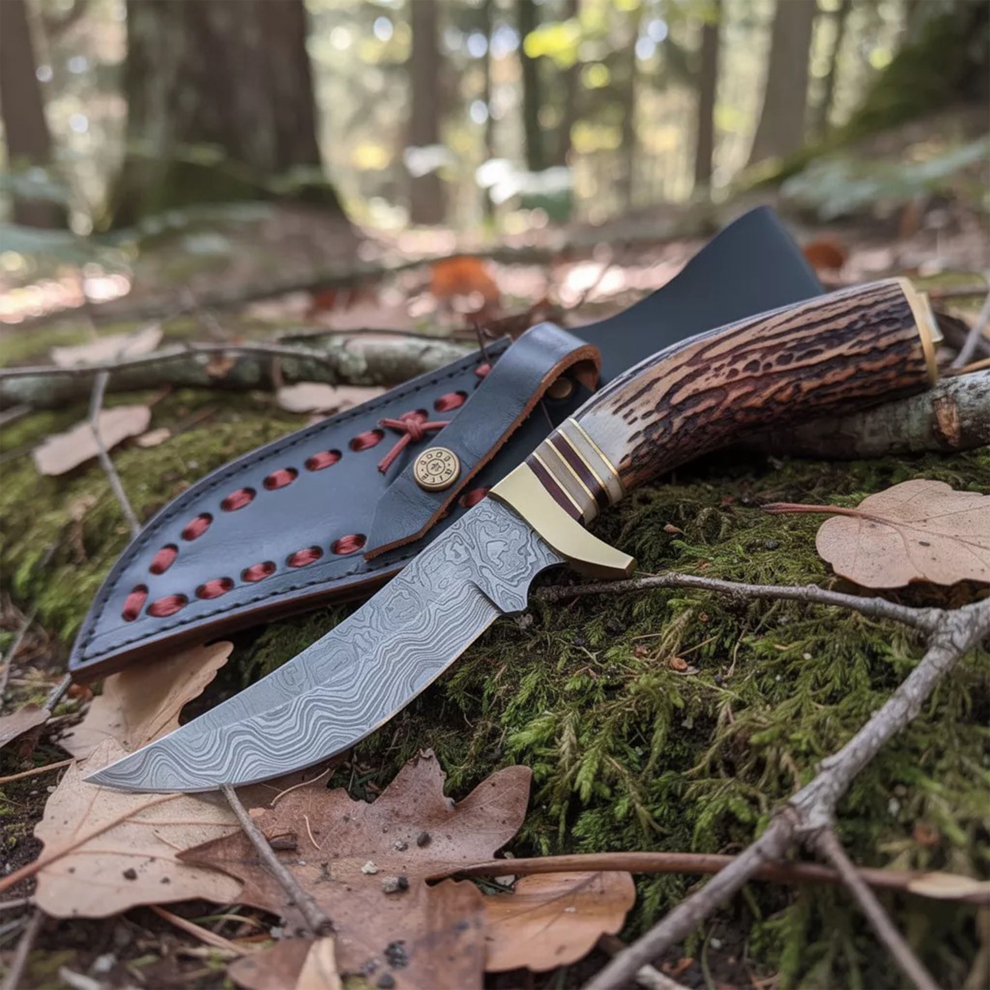 SANZ 10" Mountain Hunting Utility Knife With Stag Handle, Stainless Steel Blade and Leather Sheath