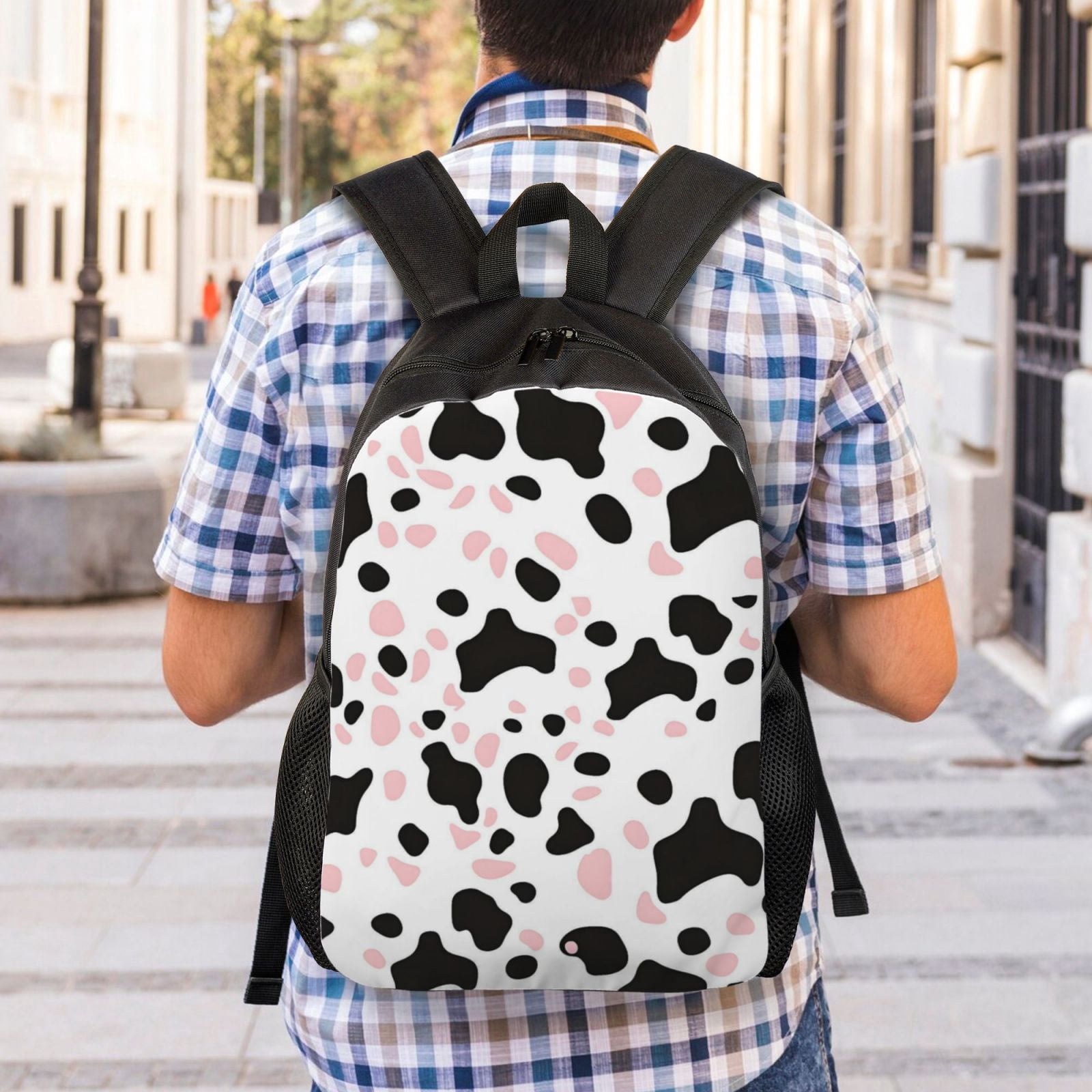 Single Side Full Backpack 16.1×11.8×4.5in Large Capacity Breathable Shoulder Belt Leisure Simple And Strong Bearing Capacity Simple Cow Print Pattern White Background, Pink And White_1
