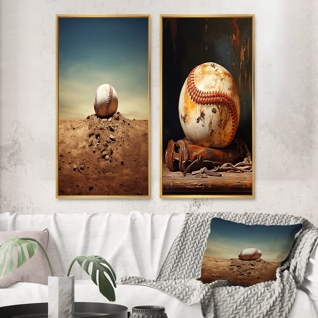Designart "Pitcher s Mound in Baseball I" Sport Baseball Framed Wall Art Set Of 2 - Beige Sports Framed Canvas Set For Living Room Decor