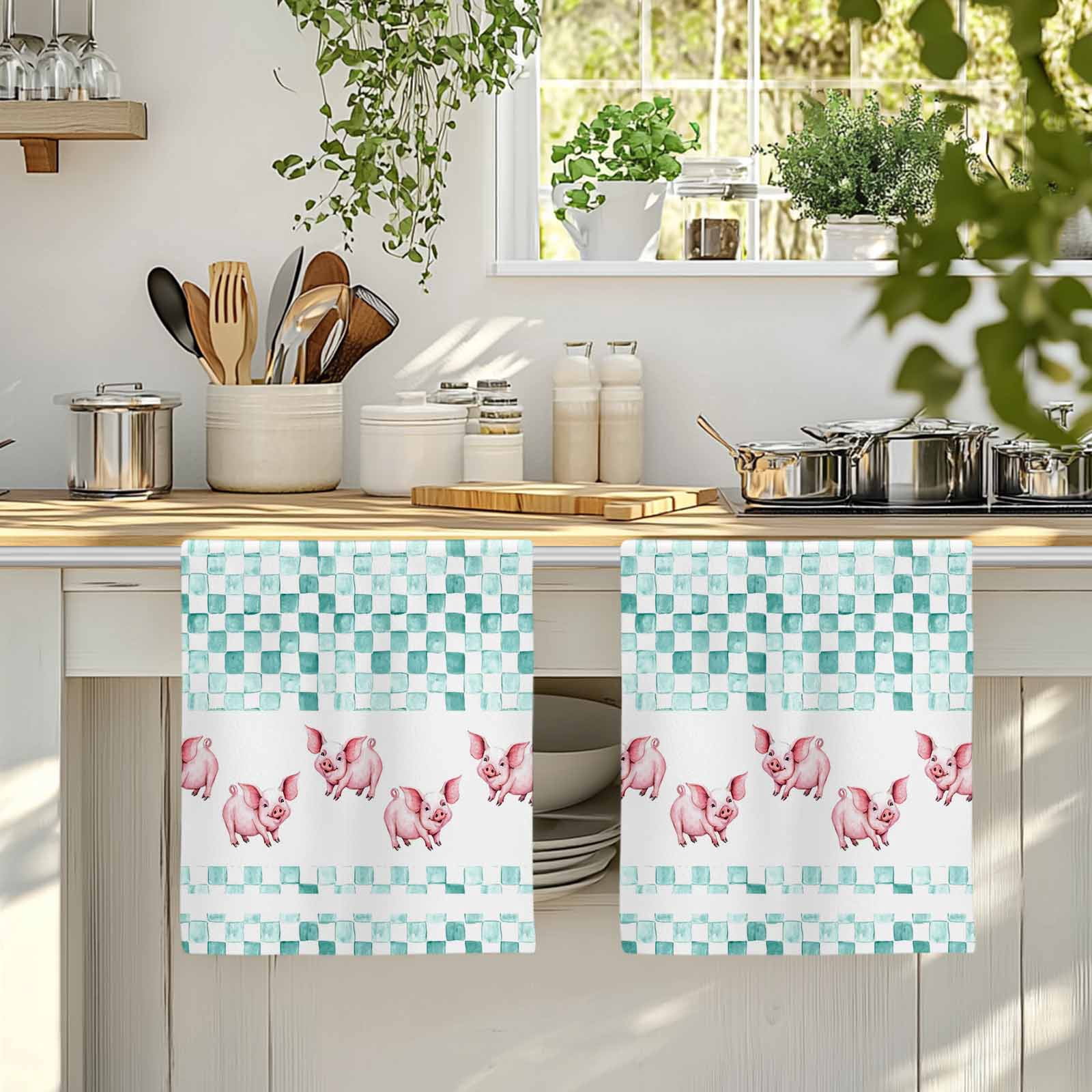 Green Plaid Farmhouse Kitchen Towels Set of 1, Watercolor Cute Country Pigs Checkered Absorbent Dish Towels for Kitchen, Microfiber Hand Towel, Quick Drying Tea Towel for Cleaning Dishcloths