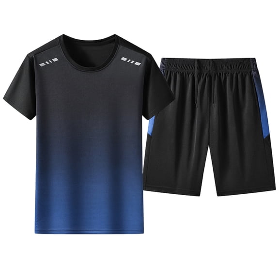 Mrmaere Men's Crew Neck T Shirt and Shorts Set Short Sleeve 2 Piece Pullover Color Block for Workout Running Blue L