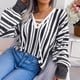 thumbnail image 4 of Mujeres V Masajeadores de cuello Cruz tie suéter casual elegante puff manga colorblock rayas punto Tops, 4 of 7