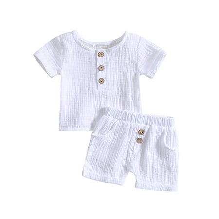 

Toddler Baby Boys Girls Cotton Linen 2piece Summer Outfit Set Kids Button T-shirts and Elastic Waist Shorts