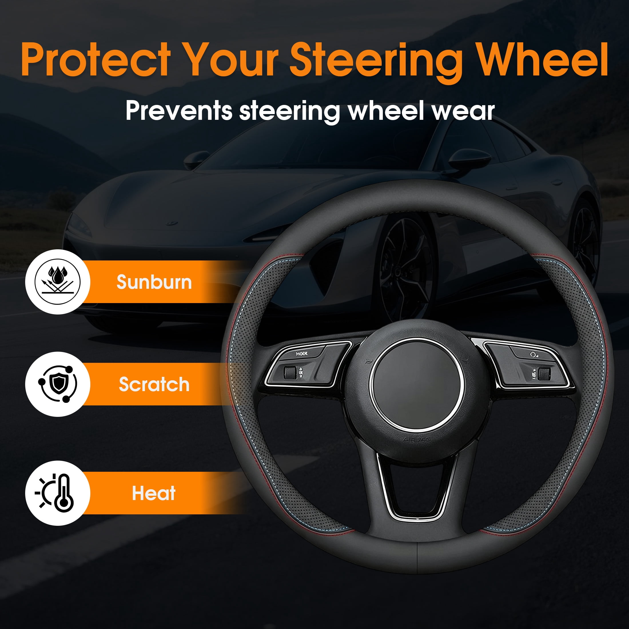 Car Steering Wheel Cover, Breathable Perforated Anti Slip Steering Wheel Protector, Universal Auto Steering Wheel Wrap for Most Vehicles, 14.5-15 Inch