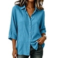 thumbnail image 4 of Tops for Women 100% Cotton Summer Solid Casual V-Neck Button Down 3/4 Sleeve Shirt, 4 of 7