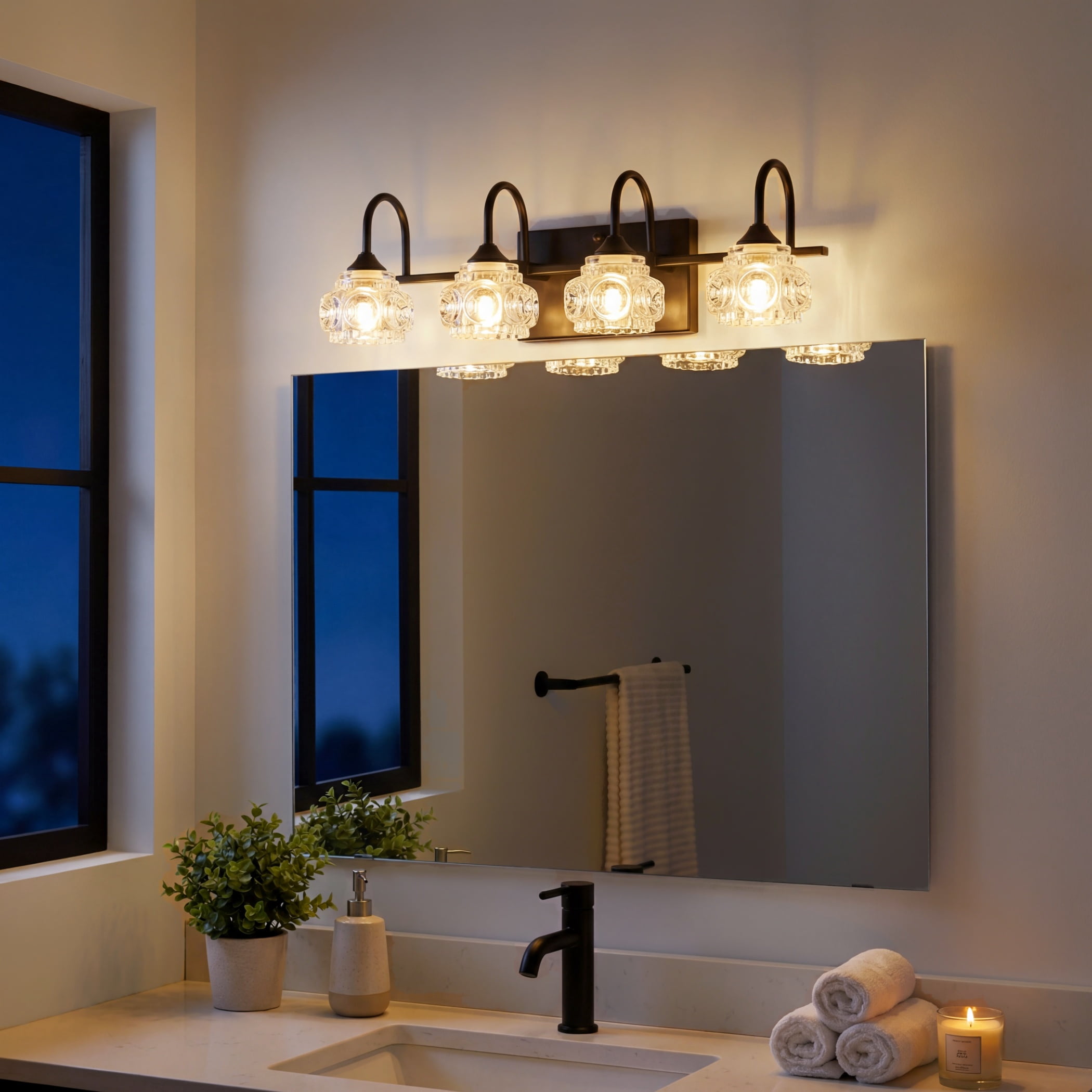 23" Retro 4-Light Bathroom Vanity Light Fixture, Black Bathroom Light with Crystal Glass Shades, Wall Mounted Bathroom Lighting Fixture Over Mirror, Vanity Light for Powder Room (Bulbs Not Included)