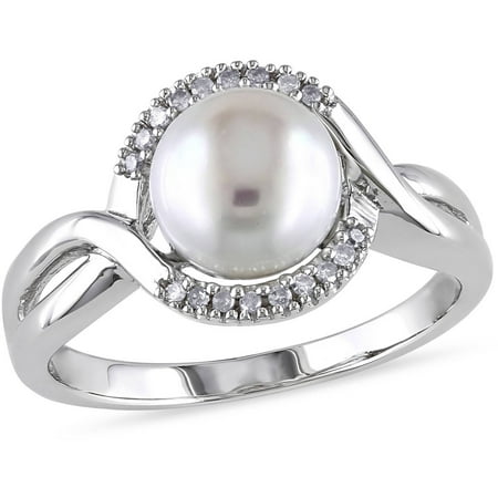 Miabella 7.5-8mm White Cultured Freshwater Pearl and Diamond-Accent Sterling Silver Cocktail Ring