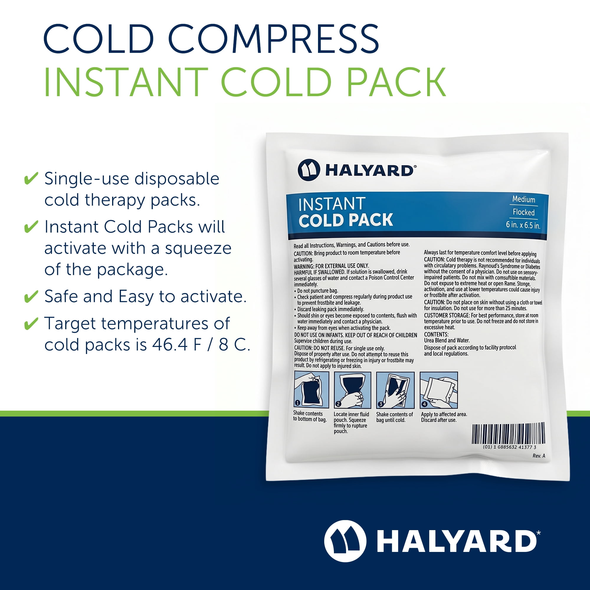 HALYARD Instant Cold Pack Disposable Cold Compress Ice Packs w/ Flocking for Swelling Injuries Toothaches Sprains Strains 6 X 6.5 Inches, 24 Packs Per Case - 51778