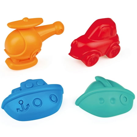 Hape: Travel Sand Mold Set - 4pc: Ship-Sailboat-Car-Helicopter, Colorful Beach & Sand Toys, Transportation Themed Molds, Kids & Toddlers Ages 18mo 