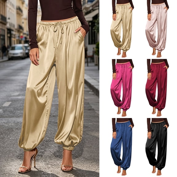 Lutiedan Satin Pants for Women Drawstring Elastic Waist Baggy Joggers Dressy Casual Balloon Pants with Pocket S-3XL